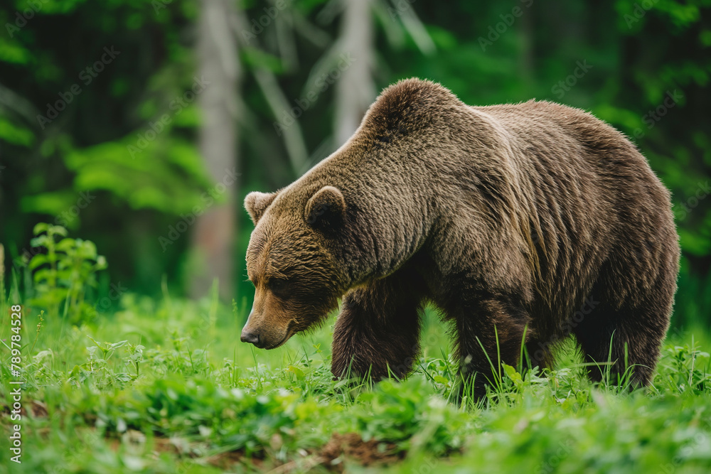 Fototapeta premium An inquisitive brown bear meanders through a lush green grove, its focus captured in the soft forest light filtering through the canopy.