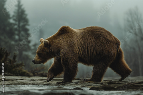 The silent footfalls of a brown bear echo in the misty wilderness, creating an evocative scene of raw animal power and the mystique of nature.