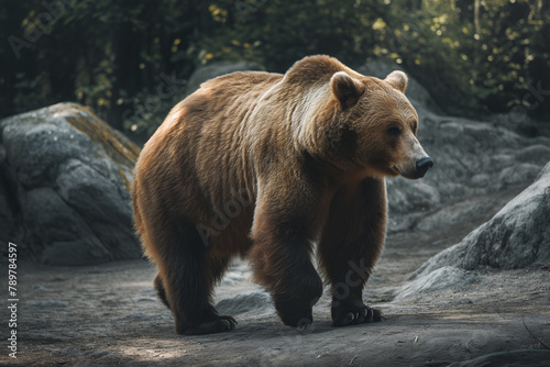 A majestic brown bear moves with quiet strength across a rocky terrain, its thick fur glistening under a canopy of forest light.