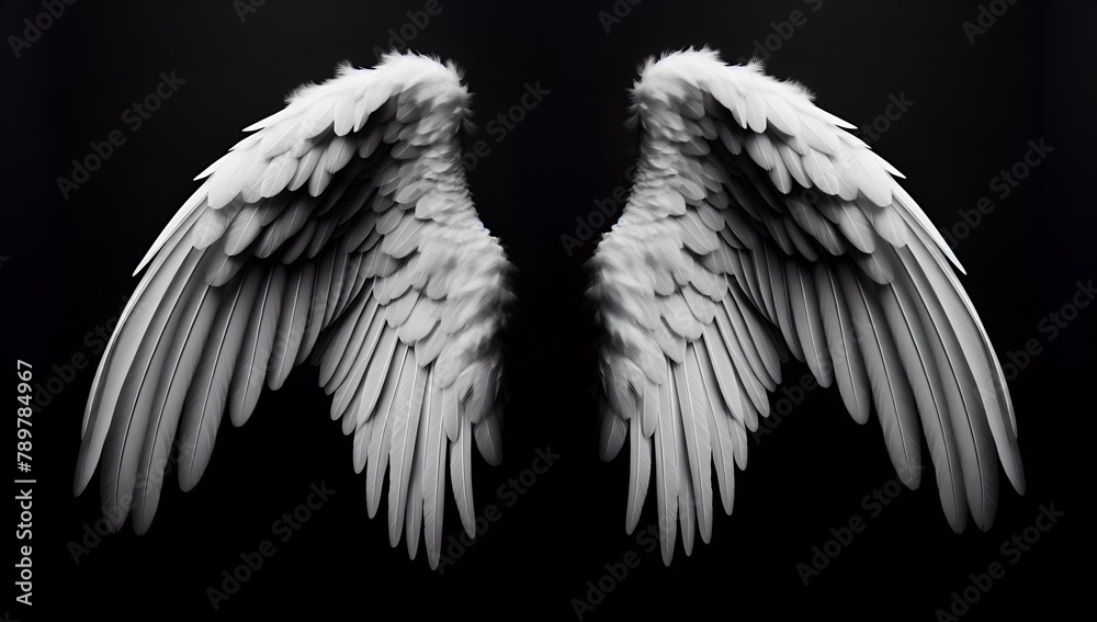 Fototapeta premium White angel wings isolated on black background. Generative AI