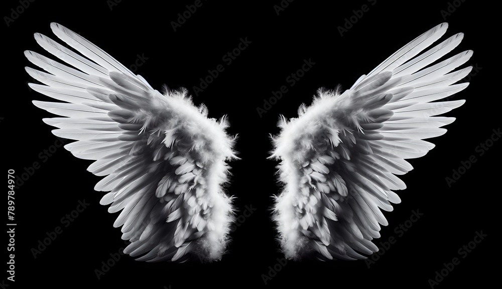 Fototapeta premium White angel wings isolated on black background. Generative AI