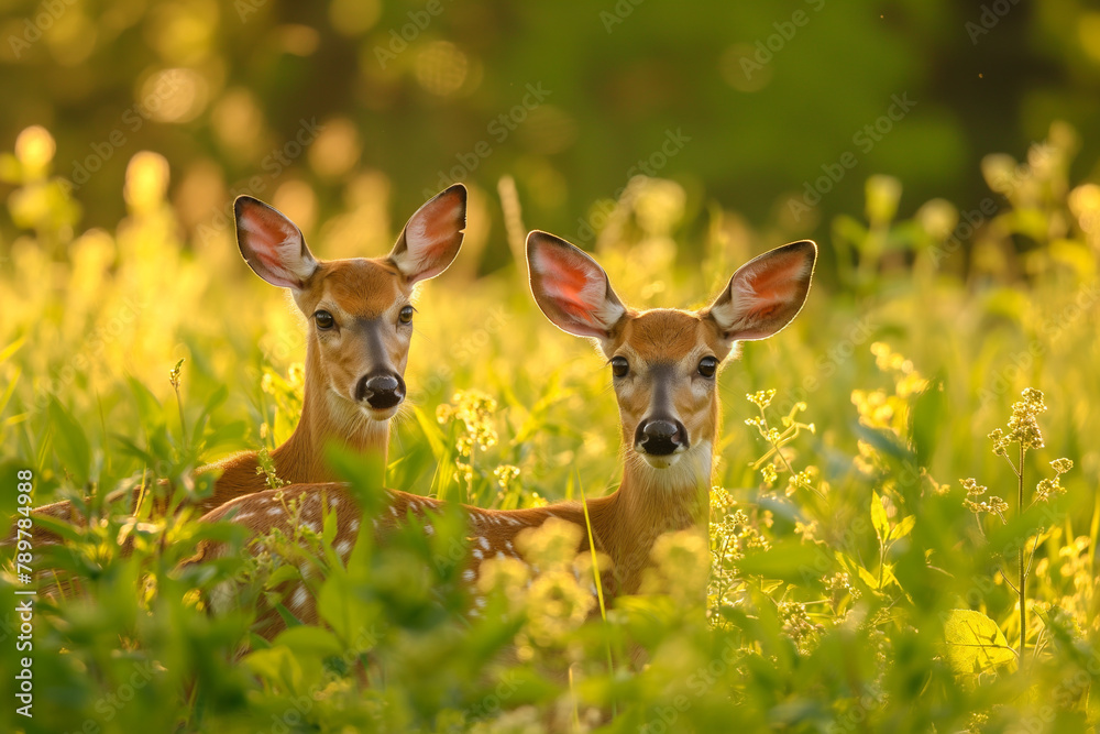 Two curious deer emerge in a sunlit glade, their large ears attentive and eyes bright, a serene portrait of wildlife harmony. Two curious deer emerge in a sunlit glade, their large ears attentive and eyes bright, a serene portrait of wildlife harmony.
