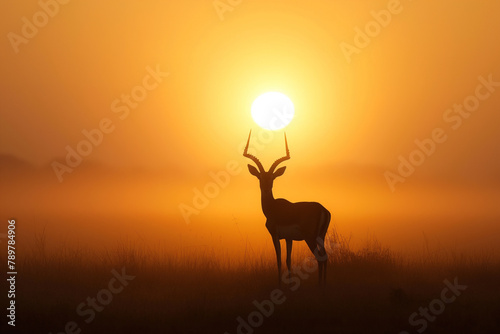 An impala silhouetted against a vibrant sunrise, with the sun perfectly balanced between its antlers in the peaceful savannah.