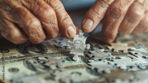 A concept image of a financial asset puzzle, with the last piece being placed by a retiree, completing the retirement security picture photo