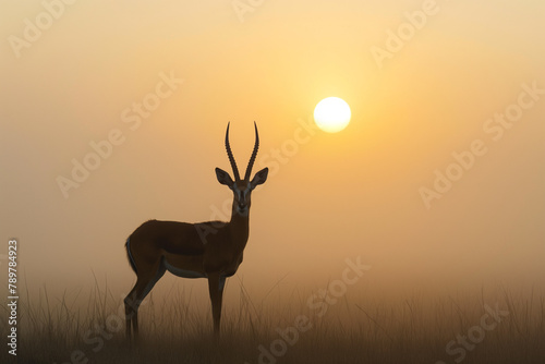 An impala silhouetted against a vibrant sunrise  with the sun perfectly balanced between its antlers in the peaceful savannah.