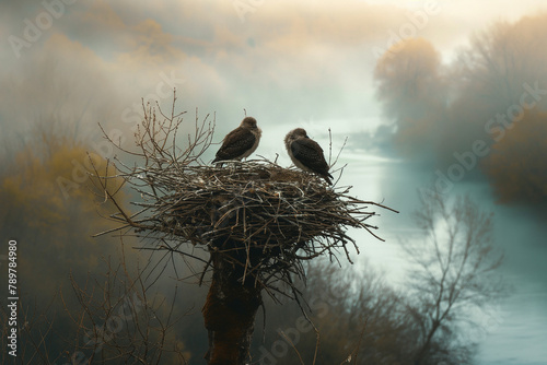 A pair of birds huddle together in their sturdy nest, overlooking a foggy river as dusk sets in, enveloping the scene in a soft glow.