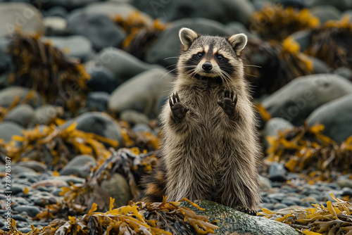 A curious raccoon stands upright on a rocky shore, surrounded by seaweed, peering with intelligent eyes, captured in its natural coastal habitat. photo