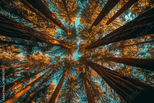 A breathtaking upward view of towering redwood trees converging against a warm, glowing sky, showcasing the grandeur of nature.