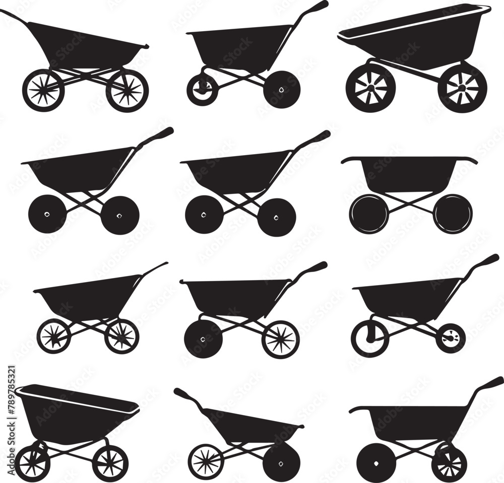 Set of wheelbarrow with wheels silhouette vector design. Set of wheelbarrow with wheels silhouette vector design.