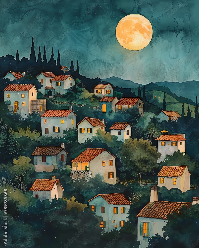 A tranquil suburb under the soft glow of a full moon, watercolor, showcasing peaceful, sleeping houses