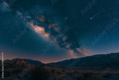Shooting star graces the desert night sky alongside the Milky Way, illuminating the rugged landscape below, a scene of cosmic wonder.