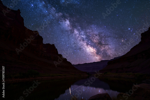 Majestic Milky Way galaxy arching over serene canyon waters reflecting a star-filled sky, epitomizing tranquil nightscapes and cosmic beauty.