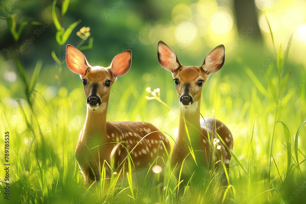 Two curious fawns emerge in a sun-dappled glade, their innocence captured in the soft, golden glow of the evening. Two curious fawns emerge in a sun-dappled glade, their innocence captured in the soft, golden glow of the evening.
