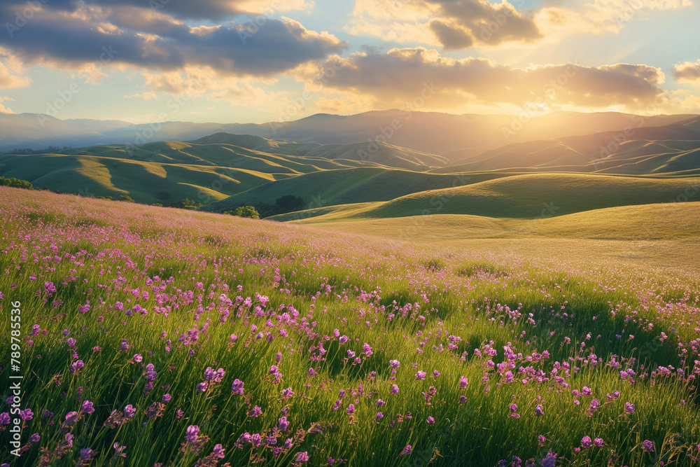 Fototapeta premium Sunbeams pierce the clouds, spotlighting hills blanketed with pink blossoms, creating a stunning symphony of light and color at dusk.