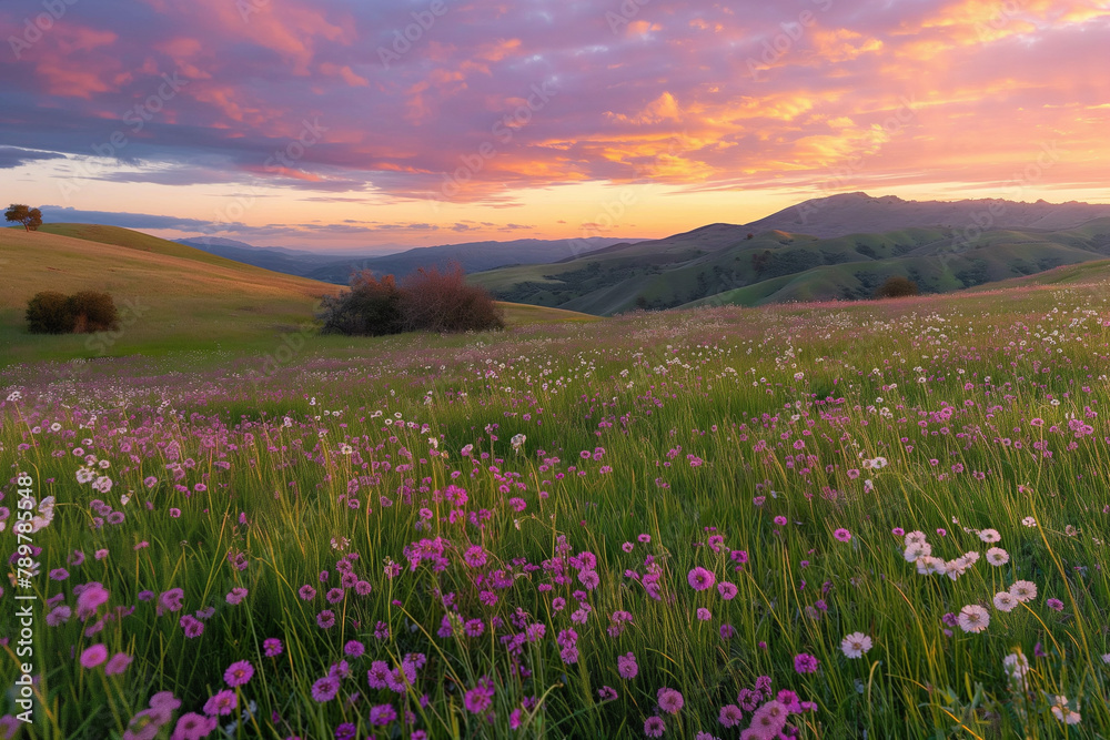A serene sunset casts warm hues over rolling hills dotted with wildflowers, invoking a sense of peace in the great outdoors.