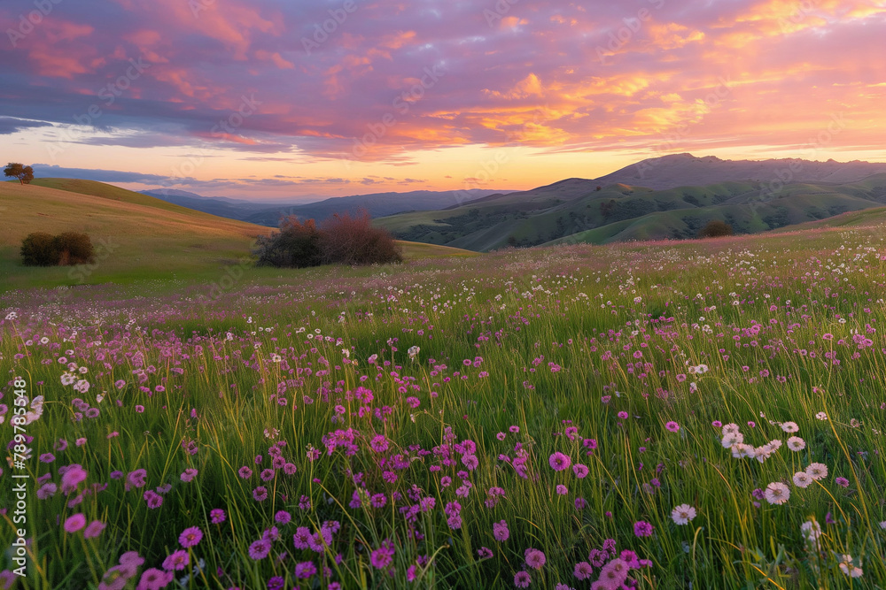 Obraz premium A serene sunset casts warm hues over rolling hills dotted with wildflowers, invoking a sense of peace in the great outdoors.