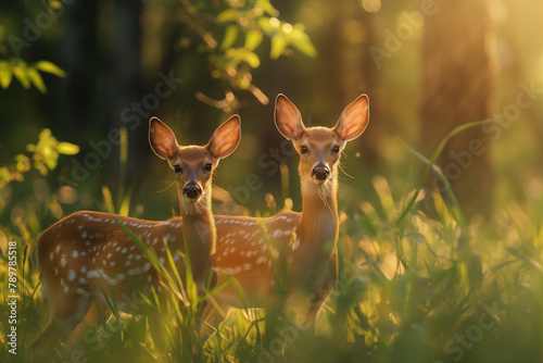 Two curious fawns emerge in a sun-dappled glade, their innocence captured in the soft, golden glow of the evening.