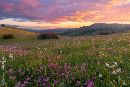 A serene sunset casts warm hues over rolling hills dotted with wildflowers, invoking a sense of peace in the great outdoors.