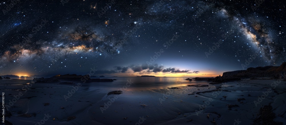 Gaze at the breathtaking sight of the galaxy and twinkling stars from the serene beach shoreline