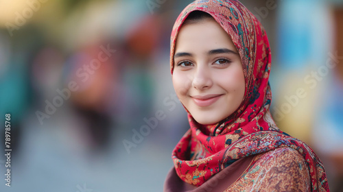 A young woman wearing a red and white head scarf is smiling at the camera.