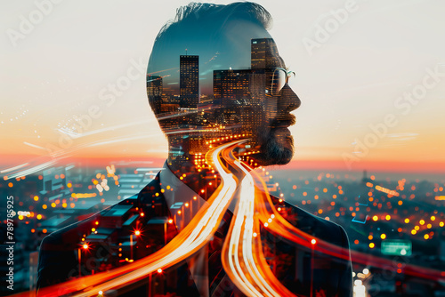Double exposure businessman and city, Business ideas, and planning goals aim for success photo