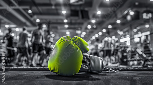 A green boxing glove is on the ground in a gym photo