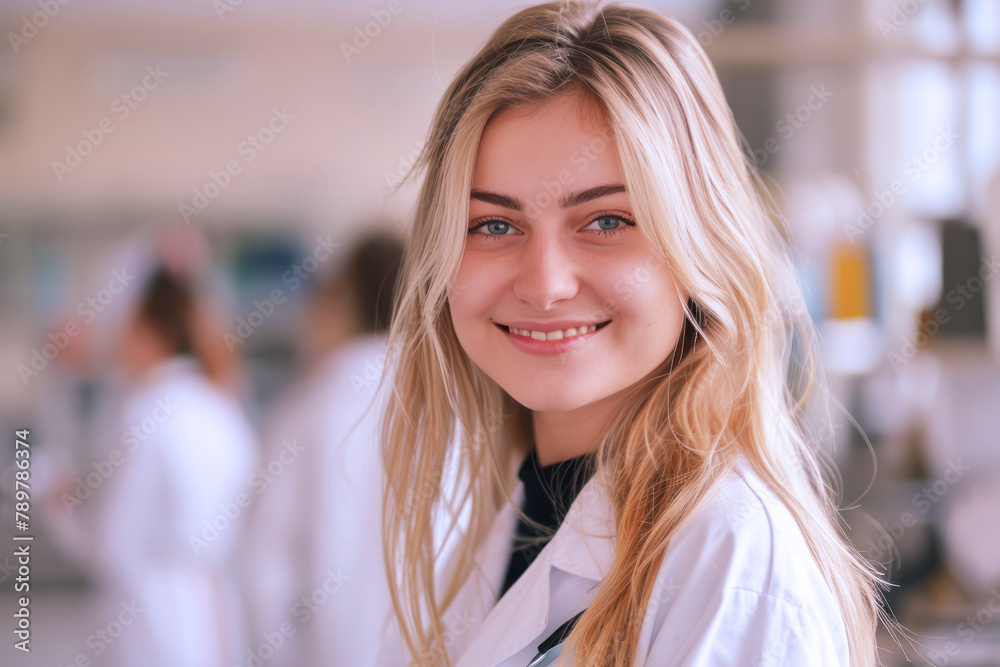 Blonde female doctor in medical uniform smile, healthcare and medicine Blonde female doctor in medical uniform smile, healthcare and medicine