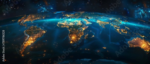 A beautiful and detailed image of Earth at night from space, showing the lights of cities and towns.