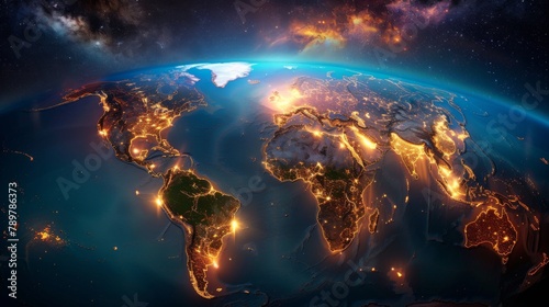 A beautiful and detailed image of the Earth at night, showing the lights of the cities and towns. photo