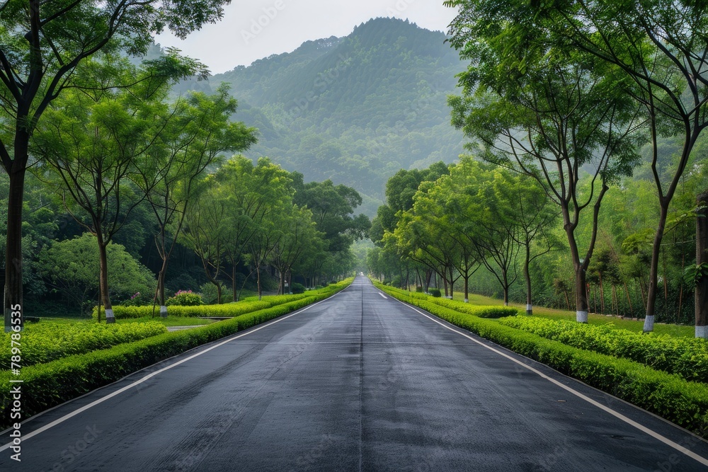 Asphalt road and green forest with mountain nature landscape in Hangzhou, China - generative ai Asphalt road and green forest with mountain nature landscape in Hangzhou, China - generative ai