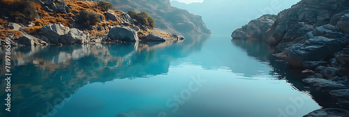 overhead view of The tranquility of a serene mountain lake reflected in the still waters, hyperrealistic travel photography, copy space for writing