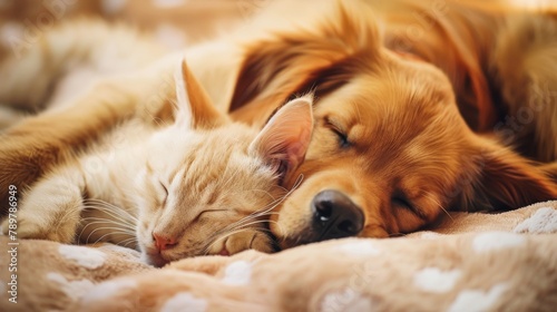 A cat and a dog sleeping together on a blanket