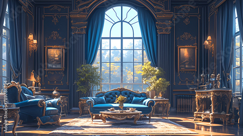 Interior design, living room, European Style, Noble and elegant, Classicism, Hearth, Arch, Big window, Luxury feel, highly detailed