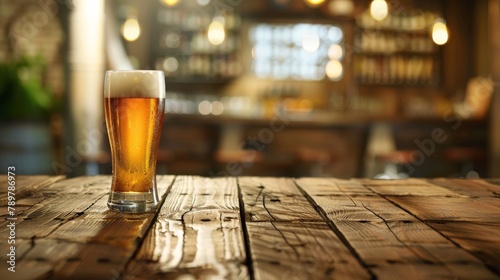 A close up of a glass of beer on a wooden table in a bar or pub
