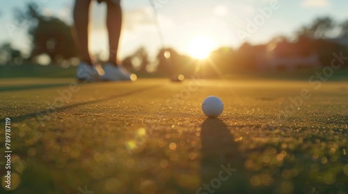 A close up of a golf ball on the green with the sun setting in the background. photo