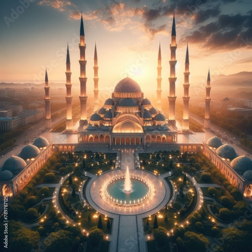 Magnificent Turkish-style Grand Mosque in a Ramadan gorgeous night sky. 