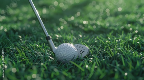 A close up of a golf ball sitting on the grass next to a golf club.