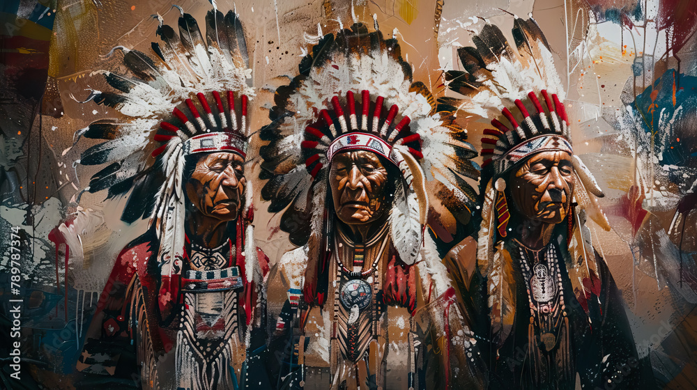 abstract art of three old Apache warrior in Indian clothing and feathered headdress.