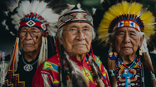tribal elders and leader Native American communities with feathered headdress.