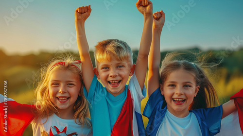 Three children are waving the flags of Puerto Rico.  