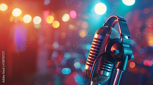 A close up of a retro silver microphone with headphones on a stage with colorful blurred lights in the background. photo