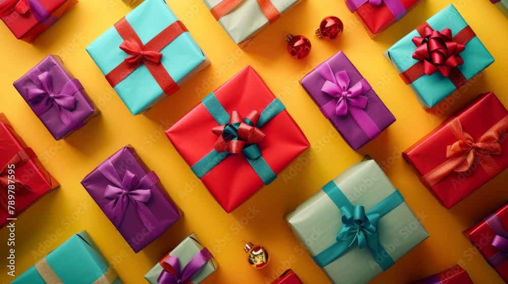 A vibrant array of Christmas gifts in red, cyan, and purple, captured from above on a seamless deep yellow background to evoke warmth and joy A vibrant array of Christmas gifts in red, cyan, and purple, captured from above on a seamless deep yellow background to evoke warmth and joy