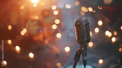 A close up of a vintage microphone with a blurred background of a stage with bright lights. photo
