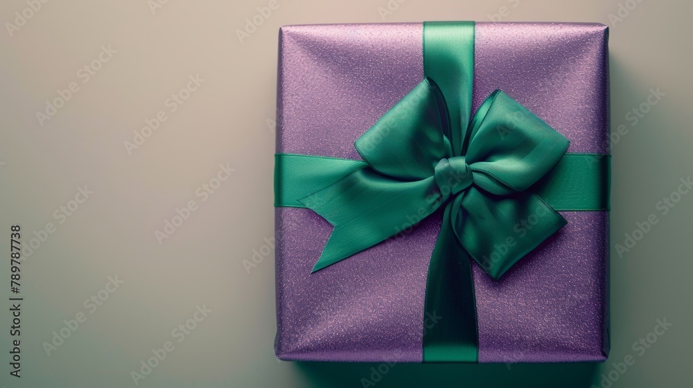 Artistic top view close-up of a Christmas gift, using metallic purple wrapping with an emerald green ribbon, isolated on a pastel grey background, studio lighting Artistic top view close-up of a Christmas gift, using metallic purple wrapping with an emerald green ribbon, isolated on a pastel grey background, studio lighting