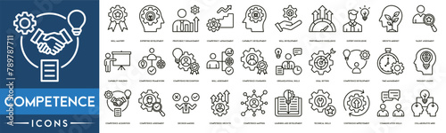 Competence, Skill Mastery,Expertise Development,Proficiency Enhancement,Competency Advancement,Capability Development,Skill Development line web icon set. Outline icons collection.