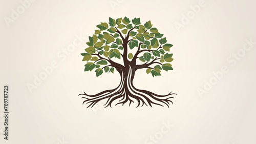 Stylized tree with intricate roots and lush leaves vector illustration. Concept of growth and natural balance suitable for eco-friendly and environmental conservation themes