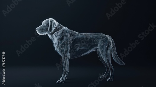 Polygonal head of the dog low poly wire frame. Animal concept. mesh spheres from flying debris. AI generated