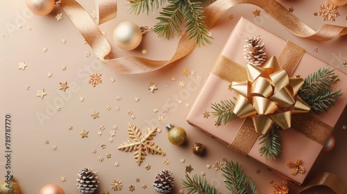 Charming display of Christmas trinkets and a golden gift box with ribbon, beautifully arranged on a soft pastel background; perfect for conveying warm holiday congratulations