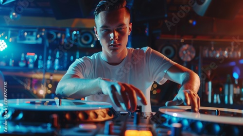 A cool DJ is mixing some sick beats on his turntable at a nightclub.