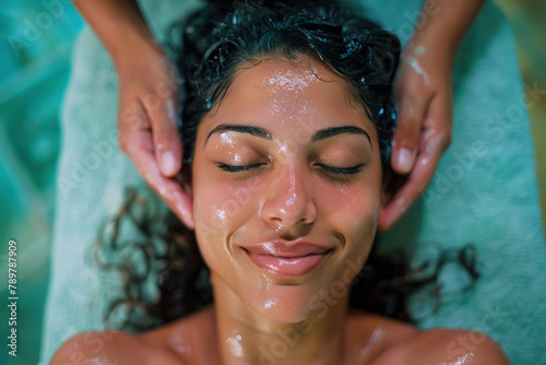 Hispanic woman enjoying massage at spa salon hotel  therapist treatment